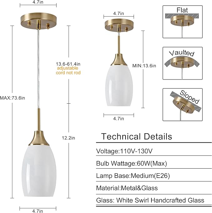 Mini Glass Pendant Light 4.72" with Handblown White Swirl Art Glass Hanging Light 1-Pack Oval Ceiling Hanging Light Fixture for Dining Room Kitchen Island Cafe Foyer Hallway