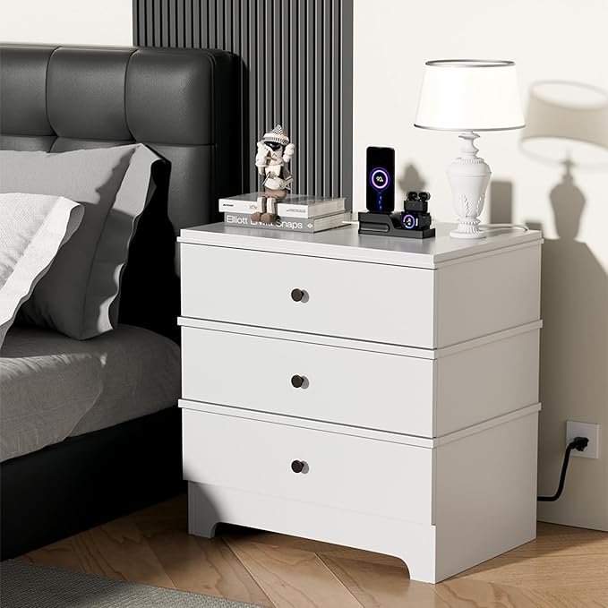 Farmhouse Nightstand with 3 Drawers, 24" End Table & Modern Bedside Table with Charging Station, Wood Nightstands Storage Cabinet for Bedroom Hallway, Entryway, White Set of 2