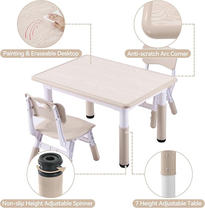 Kids Table and 2 Chairs Set, Height-Adjustable Toddler Table and Chair Set with Graffiti Desktop, 31.5''L x 23.6''W Children Activity Table for Daycare, Classroom, Home