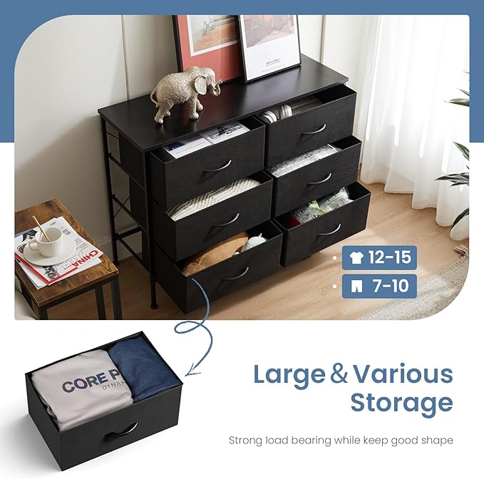 DUMOS TV Stand for Living Room, Dresser for Bedroom Chest of Dresser with 6 Fabric Drawers Storage Organizers Units, Nightstand for Bed, Black