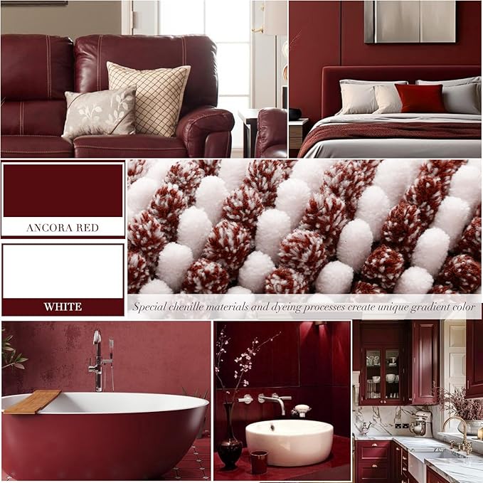 Bathroom Rugs and Mats Sets, 2 Piece Thick Absorbent Chenille Bath Mat Rug Set Non Slip, Soft Shaggy Bath Room Floor Mats for Bathroom, Machine Washable (Burgundy Red, 20" x 47" Plus 16" x 24")