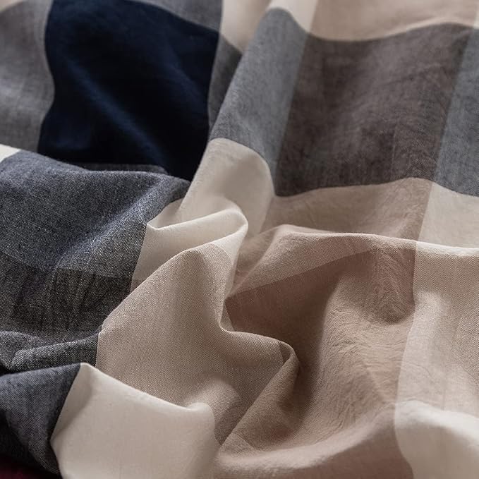 FACE TWO FACE Bedding Duvet Cover Set100% Washed Cotton Duvet Cover Linen Like Textured Breathable Durable Soft Comfy(Full, Blue red Grid)
