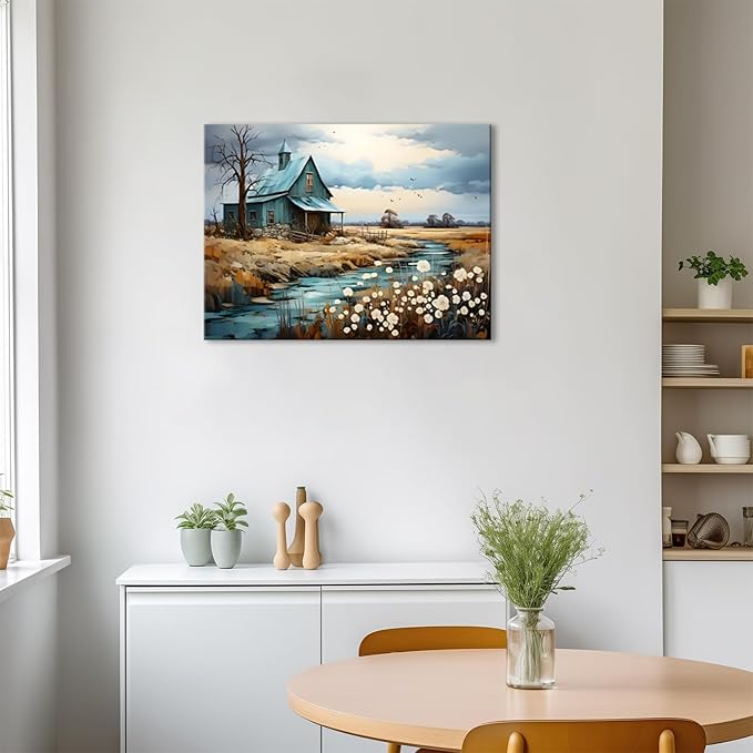 CYULWNNO Farmhouse Wall Art Barn Farm Landscape Painting Pictures Decor Blue Farm Nature Wildflower Rustic Scenery Canvas Prints Artwork Frame Living Room Bedroom Bathroom Wall Decor 12"x16"