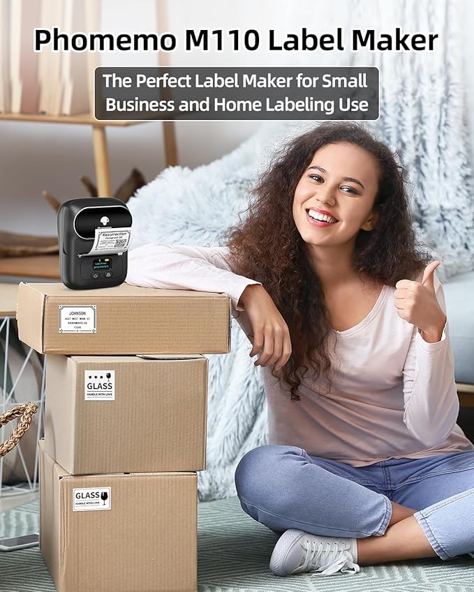 Phomemo M110 Label Makers- with 3 Rolls Labels, Barcode Label Printer Thermal Bluetooth Portable Printer for Small Business, Address, Logo, Clothing, Mailing, Sticker Printers for Phone & PC, Gray