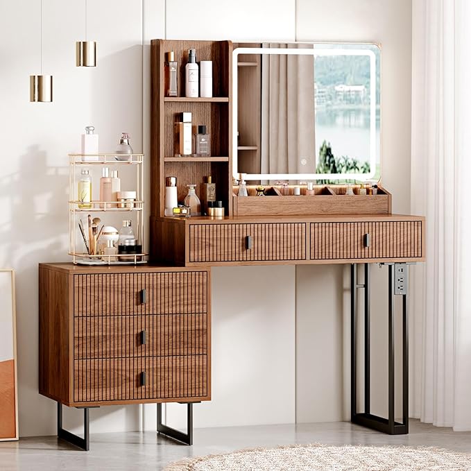 Large Vanity Desk with 3 Color Touch Screen Dimming Mirror, Vanity Desk with Charging Station, Modern Retractable Makeup Dressing Table, Makeup Table With storage shelves and 5 Sliding Drawers, Walnut