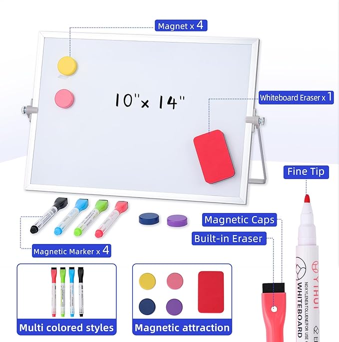 MXG 10" x 14" Double-Sided Portable Magnetic Dry Erase Whiteboard with Stand, 4 Markers, 4 Magnets & 1 Whiteboard Eraser - Ideal for Office, School, Home Memo & to-Do List