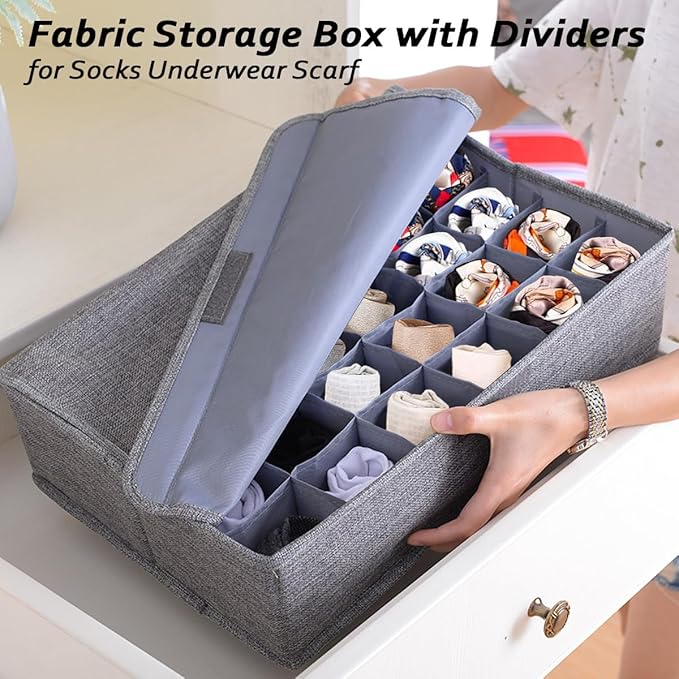AARAINBOW 2 Packs Underwear Socks Ties Storage Organizer with Lids Foldable Closet Drawer Organizer 60 Cells, Fabric Wardrobe Divider Storage Boxes for Scarves and Lingerie (30 Cell, 2 Gray)