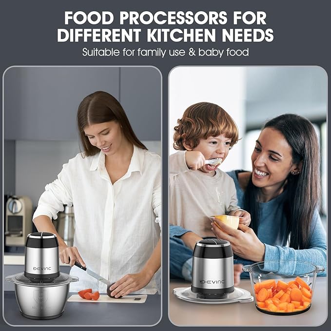 Food Processors, Mini Meat Grinder & Veggie Chopper with 2 Bowls (8 Cup+8 Cup), Electric Food Chopper with 2 Sets of Bi-Level Blades for Meat, Vegetables, Fruits and Nuts