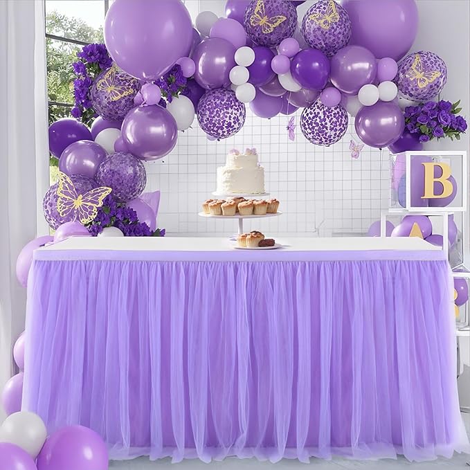 Suppromo Purple Tulle Table Skirt Tutu Table Cloth for Rectangle Tables or Round Tables for Baby Shower Girl Mermaid Birthday Party Wedding Cake Dessert Home Decoration(L14(ft) H 30in, Purple)