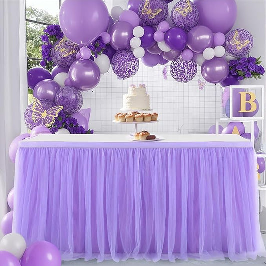 Suppromo Purple Tulle Table Skirt Tutu Table Cloth for Rectangle Tables or Round Tables for Baby Shower Girl Mermaid Birthday Party Wedding Cake Dessert Home Decoration(L14(ft) H 30in, Purple)