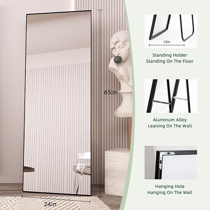 Beauty4U 65" x 24" Full Length Mirror with Stand, Black Wall Mounting Full Body Mirror, Metal Frame Full-Length Tempered Mirror for Living Room, Bedroom