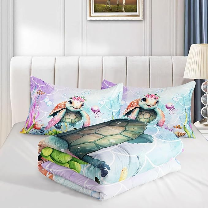 Kids Comforter Set Mermaid Scale Turtle Printed Pattern Bedding Set with 1 Comforter and 2 Pillowcases for Girls Boys Bedroom All Season(Turtle Twin)