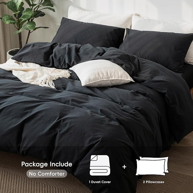 MooMee Bedding Duvet Cover Set 100% Washed Cotton Linen Like Textured Breathable Durable Soft Comfy (Solid Black, Oversized Queen 98"x98")