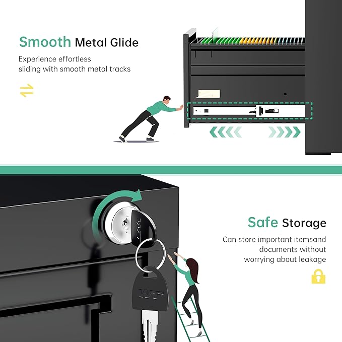 Bonusal Vertical l File Cabinet 2 Drawer, Metal Lateral Filing Cabinet with Lock, Locking Horizontal Drawers File Cabinets for Legal/Letter / A4 / F4 Size for Home Office, Steel, Heavy Duty, Black