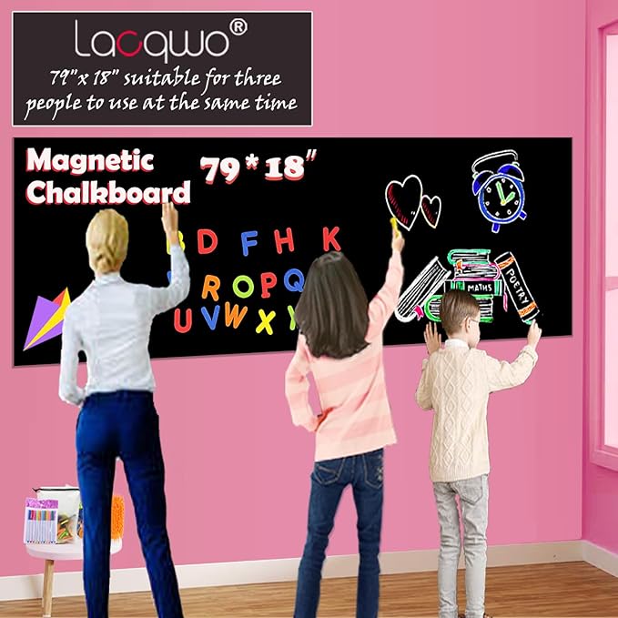 Magnetic Chalkboard Contact Paper 79"x18" Self Adhesive Magnetic Wall Board Sticker with 12 Liquid Chalk and 53 Magnet Letters for Kids, Black Chalk Board Wallpaper Roll Magnet Paint