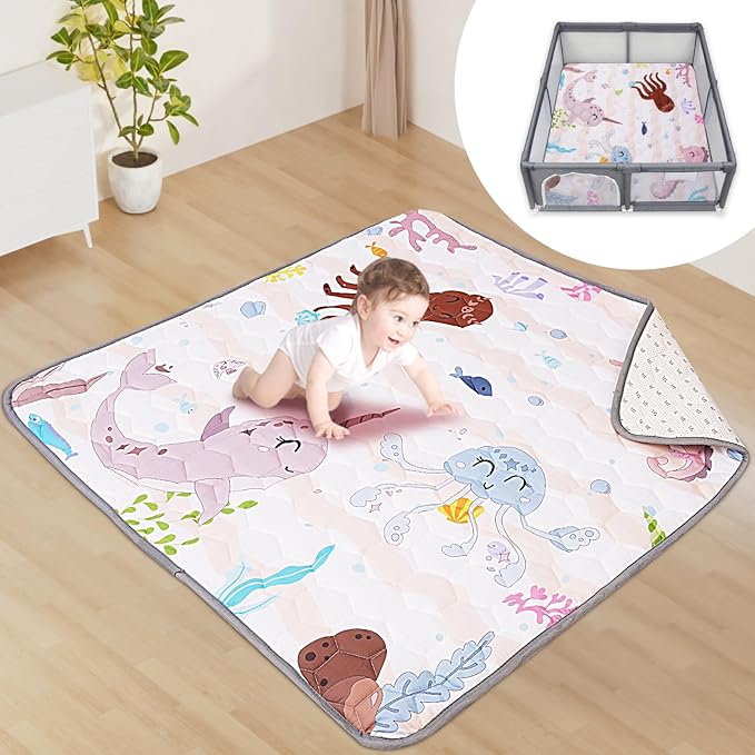 Baby Play Mats for Floor, Premium 50x50 Playpen Mat, Odorless Baby Mat, Soft Padding Infant Play Mat, Non-Slip Cushioned Baby Playmat for Babies, Machine Washable Easy Care (Marine Animals)