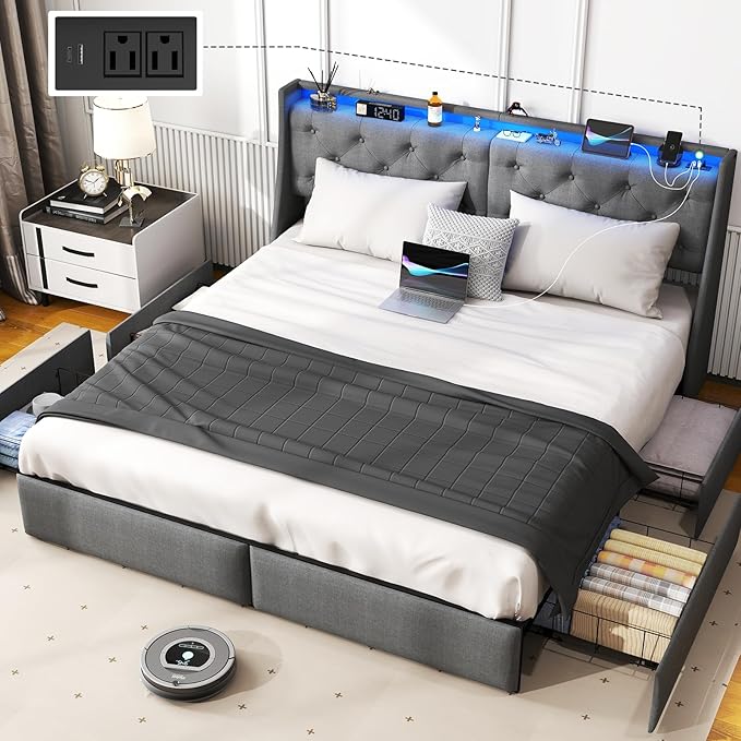 SADENICEL King Size Bed Frame with Storage Headboard, Metal Platform Bed Frame King with 4 Drawer, LED Light, Charging Station, No Box Spring Needed, Noise Free, Easy Assembly, Grey