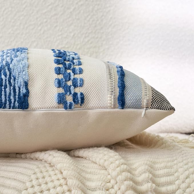 Aeckself Boho Throw Pillow Covers 18x18 Inch Set of 2, Farmhouse Decorative Striped Square Pillow Covers Chenille Tufted Pillow Cases Accent Neutral Pillowcase for Living Room Couch Bed, Sky Blue