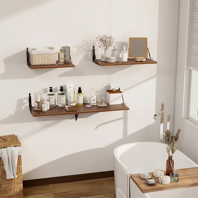Deep Floating Shelves, 36" W x 12" D Wall Shelves Set of 2, Wide Display Shelf Wall Mounted with Brackets, Bookshelf for Living Room, Bathroom, Bedroom, Walnut