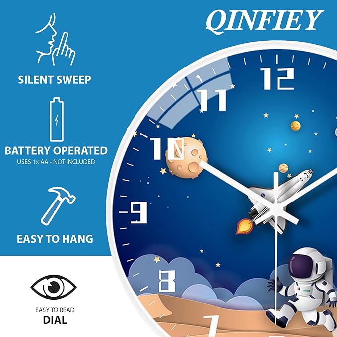 12 Inch Silent Movement Kids Wall Clock, Non Ticking Children Round Wall Clock Battery Operated Space Travel Style Decor Children Clock for Home School Boys Bedroom Living Room (White)