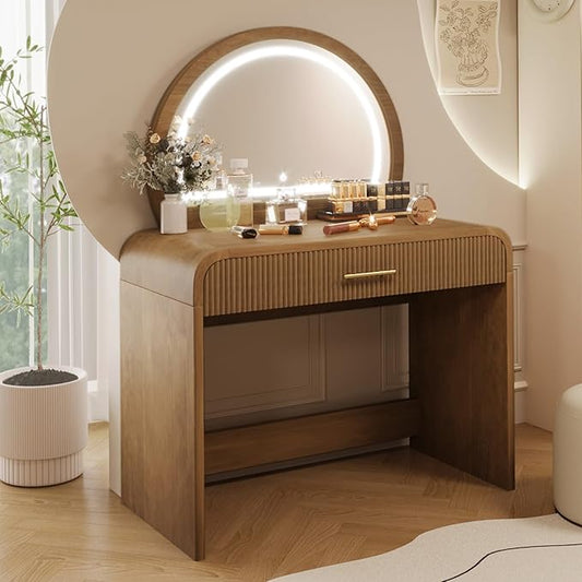 Merax 39" Make Up Vanity Desk with Touch Screen Lighted Mirror and Storage Drawer, Rubber Wood Girls Makeup Dresser Table for Bedroom, Dressing Room