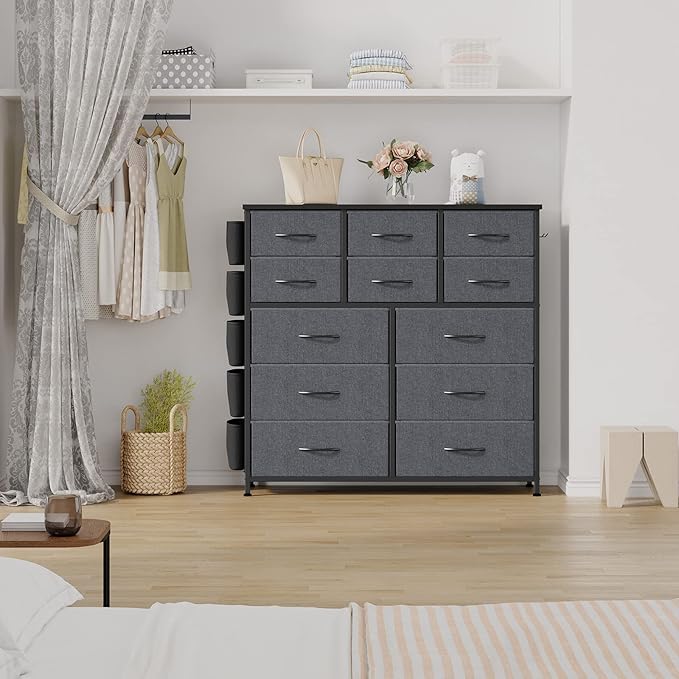 Dresser for Bedroom with 12 Drawers, Tall Dresser Chest of Drawers with 5 Side Pockets and Hooks, Wooden Top Fabric Dresser Storage Tower for Closet, Hallway, Living Room, Dark Grey