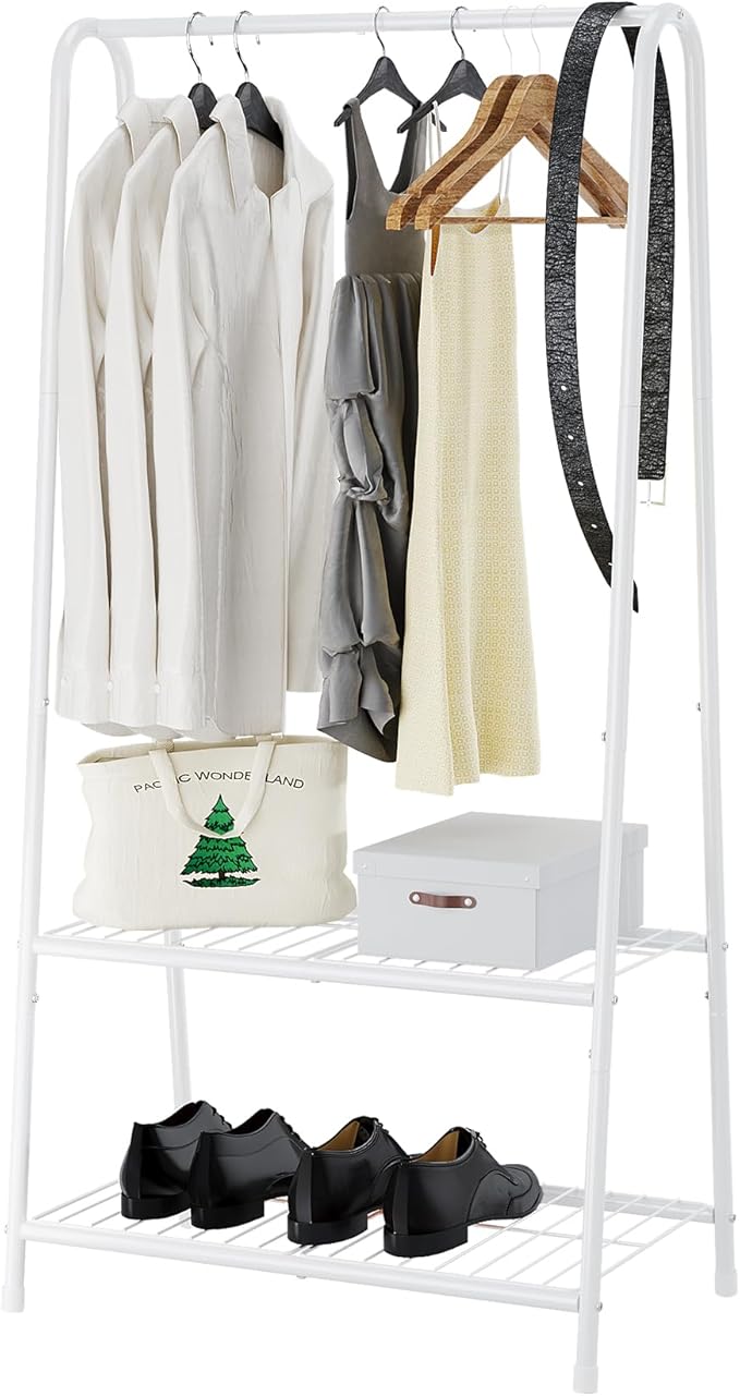 Buzowruil Metal Small Clothes Rack,Clothing Garment Rack with Double Layer Shelf for Clothes,Dress, Shoes,White