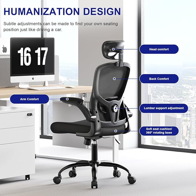 Multi-Adjustable Ergonomic Office Chair, Study Chair, Summer Mesh Comfortable High Back Chair, Headrest, Lumbar Support, Armrest, Seat Height.（Black）