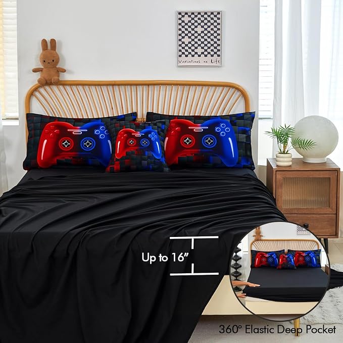 PERFEMET 6 Pieces Kids Comforter Sets Twin Size Red and Blue Game Console Bedding Set for Boys Girls Soft Fluffy 3D Cool Teen Gamer Bed in A Bag for All Seasons(Red Blue, Twin)