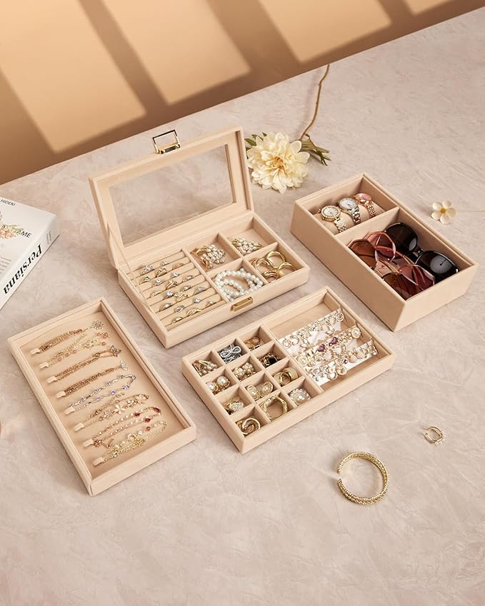 Homde Jewelry Tray Stackable Jewelry Box Drawer Organizer with Glass Lid, Removable Dividers for Vanity Table Gift Idea for Girls and Women(Apricot)