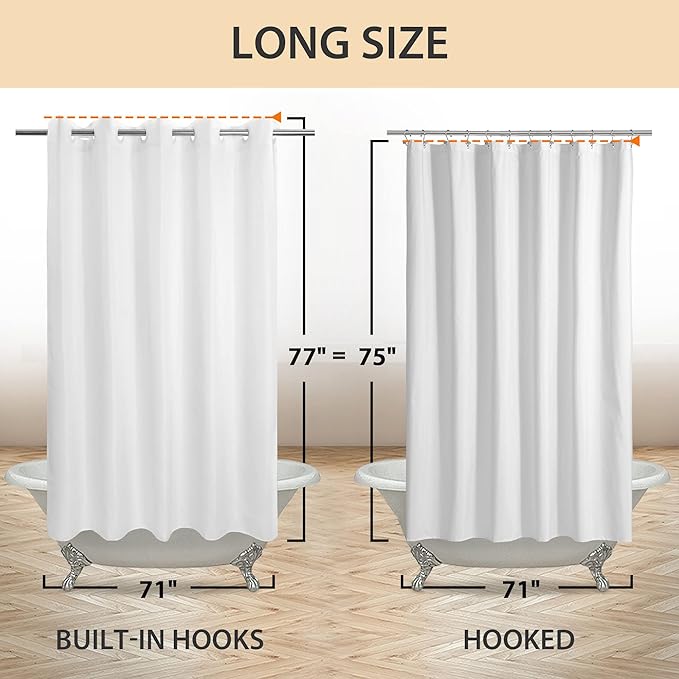 No Hook Long Shower Curtain or Liner Soft Microfiber - 75" Length Fabric Shower Curtain Liner Set, Machine Washable & Water Repellent, White, 71x77