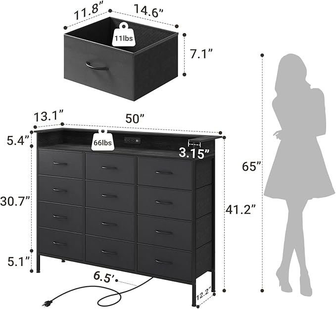 ELYKEN 50”W Black Dresser for Bedroom, Tall Dresser with 12 Drawers and Charging Station, Fabric Chest of Drawers with PU Finish Storage Drawers for Entryway Closet Living Room Hallway