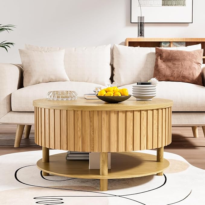 Round Lift Top Coffee Table with Storage, 31.5'' Modern 2-Tier Coffee Table with Hidden Storage Compartment and Open Shelf, Fluted Center Table for Living Room Office (Wood Color)