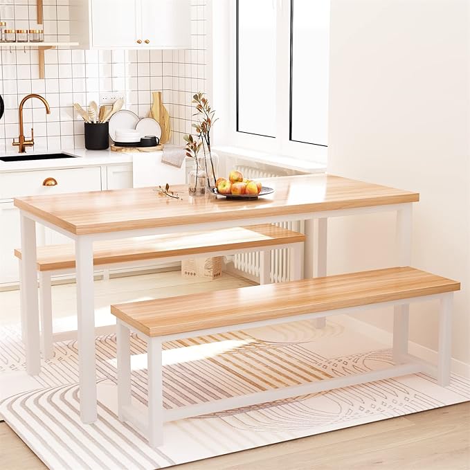 Recaceik Dining Room Table Set with 2 Benches, Kitchen Dining Table Set for 2-4 Person, Space Saving Kitchen Table and Chair Set with Metal Frame for Dining Room, Small Space, Breakfast Nook(Walnut)
