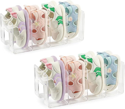 Clear Acrylic Kids Shoe Rack for Closet Organizers and Storaget, Baby Shoe Storage Small Shoe Rack 4 Sections Kids Shoe Organizer Stackable,Desk File Sorter Book Purse Organizer 2PC