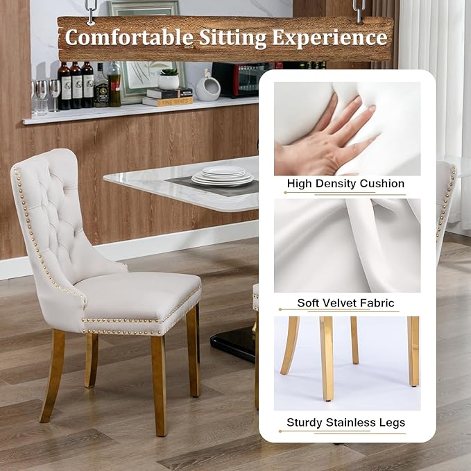 7 Piece Dining Table Set with 6 Beige Dining Chairs, Modern Glass Kitchen Table and Chairs Set for 6, 70" Rectangle Gold Glass Pedestal Dining Room Tables with Flash-Shape Stainless Steel Base
