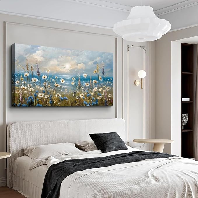Canvas Wall Art for Living Room Large Wall Decor for Office Modern Bedroom Decorations White Flower Landscape Pictures Farmhouse Paintings Artwork Room Wall Mural Aesthetic Home Decor 60x30