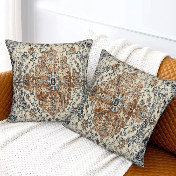 Boho Throw Pillow Covers 20x20 Set of 2, Ethnic Carpet Pattern Pillow Covers Gold Blue Rustic Farmhouse Cushion Cases Linen Decorative Gifts for Couch Sofa Indoor Outdoor