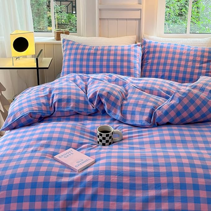 FACE TWO FACE Bedding Duvet Cover Set100% Washed Cotton Duvet Cover Linen Like Textured Breathable Durable Soft Comfy (Queen, Blue Purple Grid)