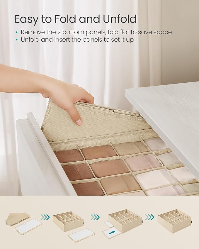 SONGMICS Set of 4 Underwear Organizers, Drawer Organizers, Dresser Closet Storage, 80 Cells (2x16+2x24), Foldable Dividers, 11.8 x 11.8 x 3.9 Inches, for Socks, Ties, Belts, Summer Sand URUS011K01