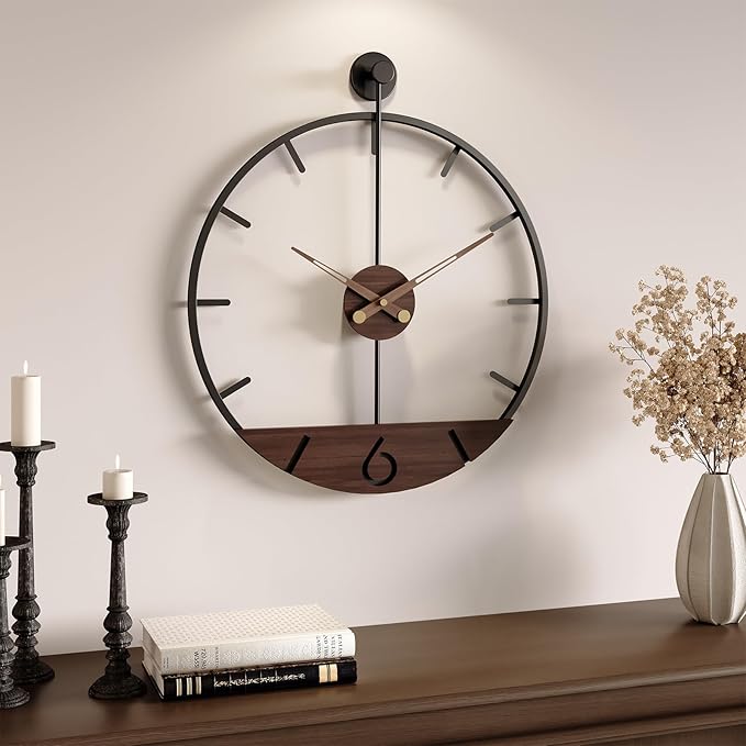 16 Inch Wall Clock with Walnut Wood Dial, Modern Decorative Clock Silent Non-Ticking Battery Operated Metal Frame for Living Room, Kitchen, Office, or Bedroom Wall Decor, Black and Brown