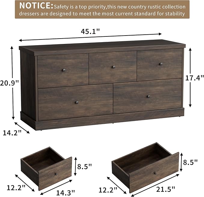 JUMMICO Dresser for Bedroom, Wide Chest of Drawers with 5 Wood Dresser Drawers, Modern Design for Bedroom, Living Room, Hallway, and Entryway (Brown)