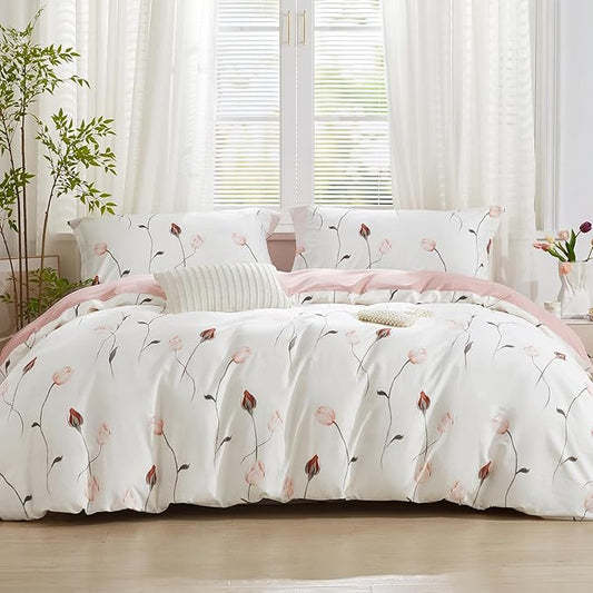 SAPHREAS Rose Duvet Cover Set 2pcs Twin Size Pink Red Floral Bedding Comforter Cover Set 100% Cotton 1 Duvet Cover 68"x90" 1 Pillow Sham, Comforter Not Included