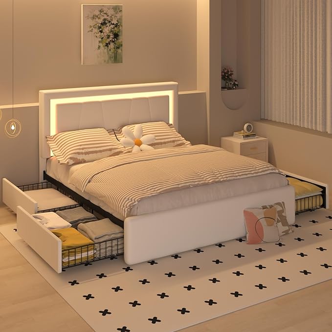 King Bed Frame with 4 Storage Drawers and Adjustable Headboard, Upholstered Platform Bed with LED Lights and USB Ports, Solid Wooden Slats Support, No Box Spring Needed, Easy Assembly, White