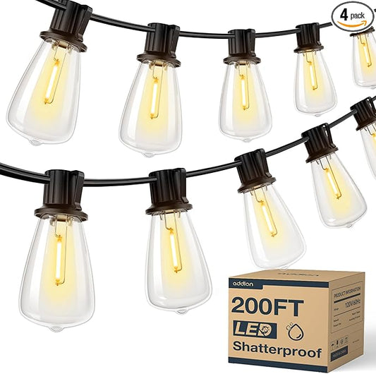 addlon 200FT(50FT*4) LED Outdoor Lights Waterproof Patio Lights with 64 Shatterproof ST38 Replaceable Bulbs(4 Spare), Dimmable Outside Hanging Light Connectable for Porch, Backyard