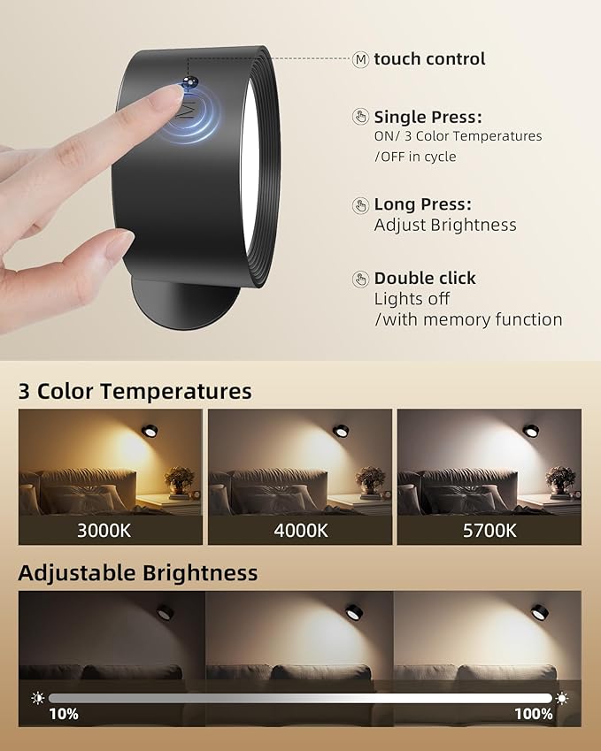 LED Wall Mounted Lights, Rechargeable Wall Sconces with Remote & Touch Control, 3 Color Temperatures 360° Rotation Dimmable Cordless Wall Light for Bedroom Study Reading Bedside (Black, 3 Pack)