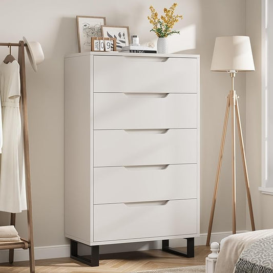 GarveeHome 5 Dresser for Bedroom, 50" Tall Dresser, Freestanding Vertical Drawer with Storage, Wooden Closet Chest Storage for Living Room, Hallway, Entryway, White
