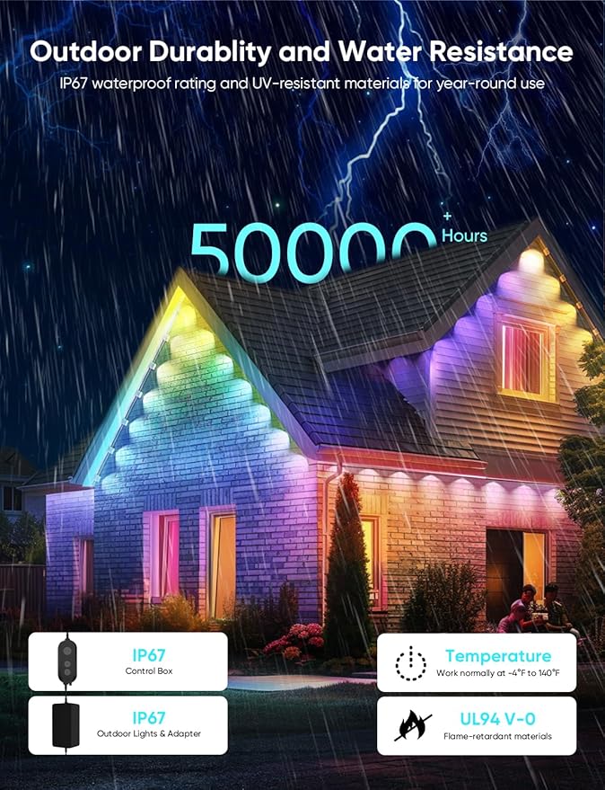 APPECK Permanent Outdoor Lights Pro 150ft, 108W RGBCW Eaves Light with 108 LED Lights, 80lm, Cuttable, 111 Scene Modes, IP67 Waterproof Lighting for Christmas Decoration, Work with Alexa, Black