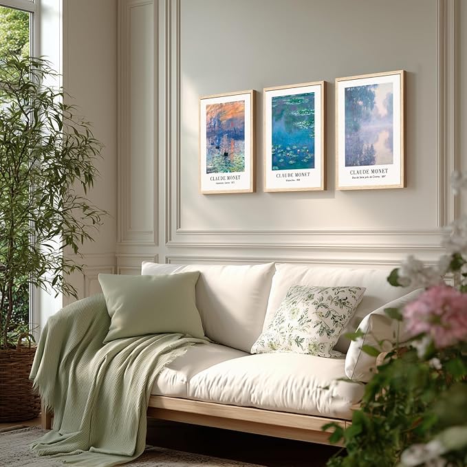 Cyebmo Vintage Botanical Wall Art Set of 3, Claude Monet Water Lilies Art Prints, Impression Sunrise Water Lilies Seine River Poster Prints for Living Room Bedroom Bathroom Wood Framed 16"x24"x3