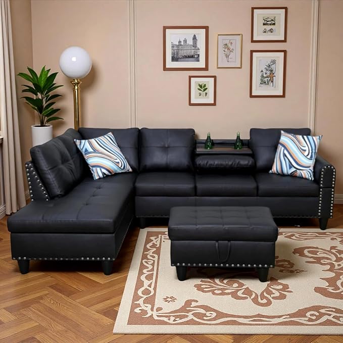 Leather 3-Piece L-Shaped Couches for Living Room, Sectional Sofa with Storage Ottoman & Movable Chaise, Modular Convertible Couch for Bedroom & Apartment, Deep Black